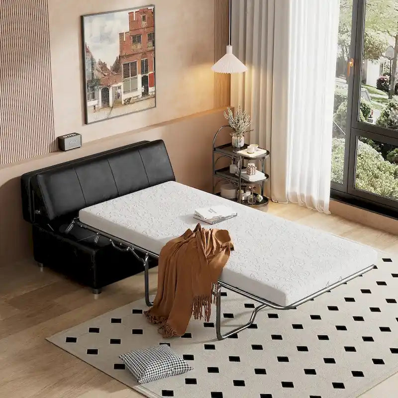 Twin Size Folding Pull out Ottoman Sleeper Bed with Mattress Convertible Guest Bed, PU Upholstered Sleeper Sofa - image 3
