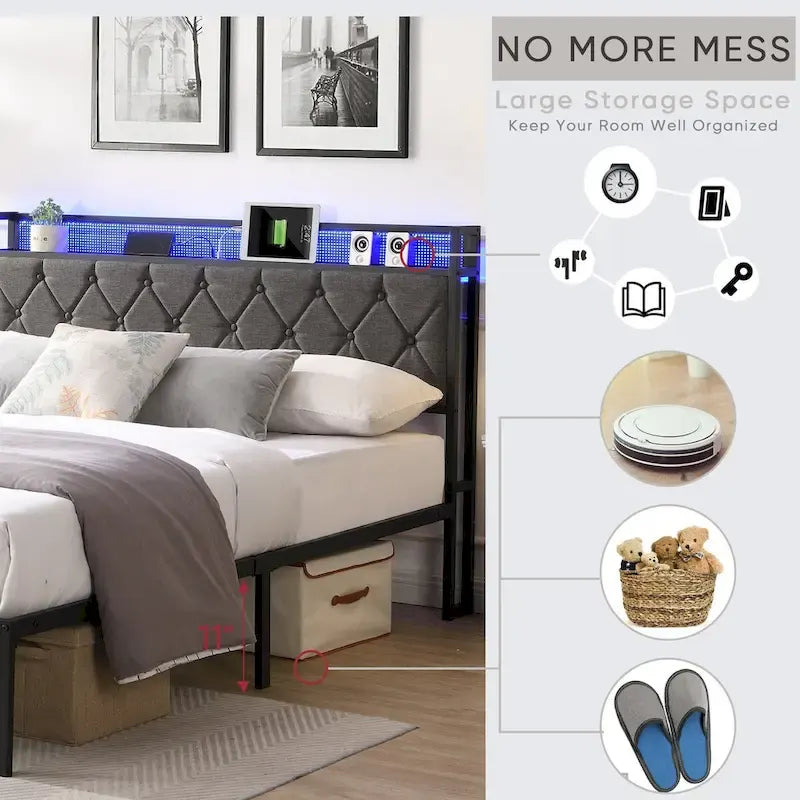 Upholstered Queen Bed Frame with Built-in Charging Station and LED Lights - Sturdy Platform Design with Heavy Metal Slats, No Box Spring Required - image 4