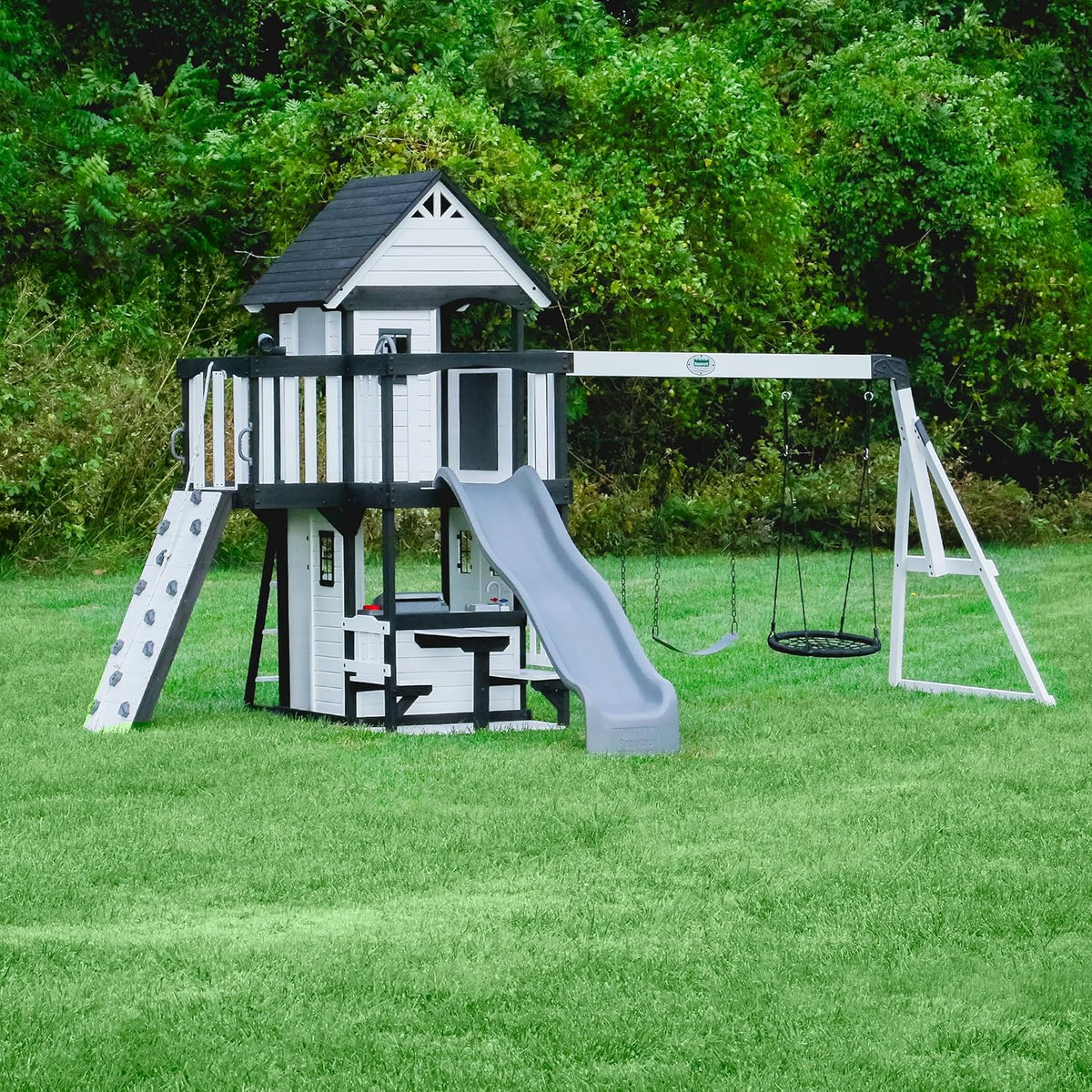 Canyon Creek Cedar Wood Swing Set with Wave Slide, Clubhouse, Play Kitchen, Picnic Area, Belt Swings, Web Swing, Rock Wall, B