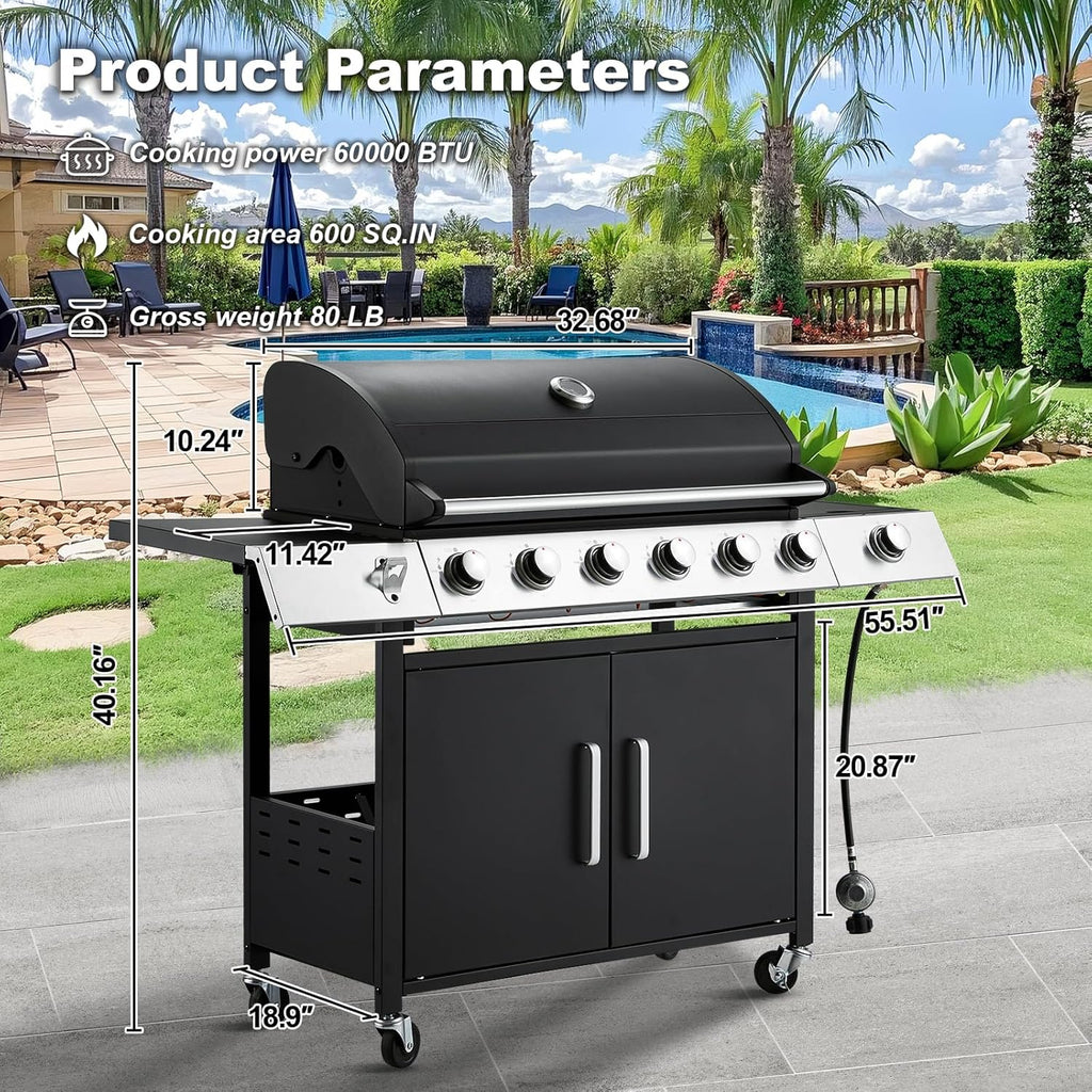 Upgraded 4 Burner BBQ Propane Gas Grill with Cast Iron Grates & Side Stove, 44,000 BTU Stainless Steel Burner Barbecue Grill 
