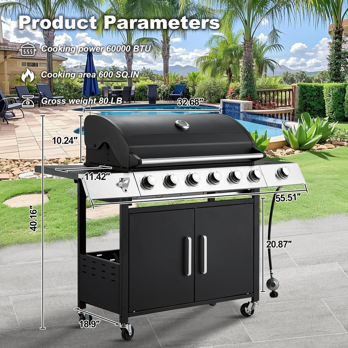 Upgraded 4 Burner BBQ Propane Gas Grill with Cast Iron Grates & Side Stove, 44,000 BTU Stainless Steel Burner Barbecue Grill 