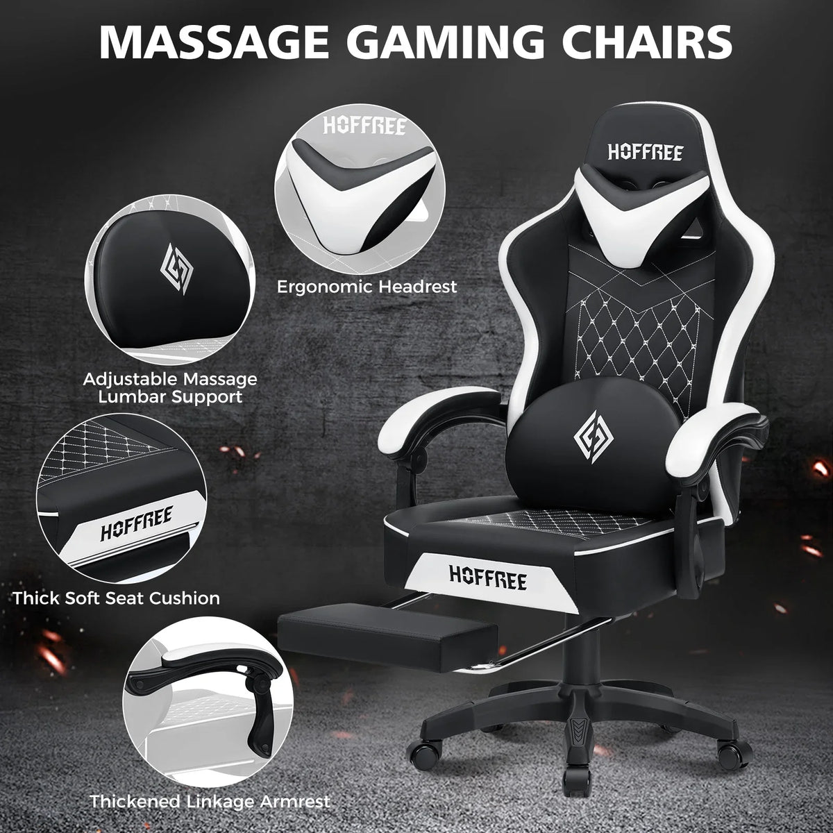 Hoffree Gaming Chair with Massage and Footrest Big and Tall Gamer Chair with Headrest and Lumbar Support PU Computer Game Chair for Adults Office - image 56