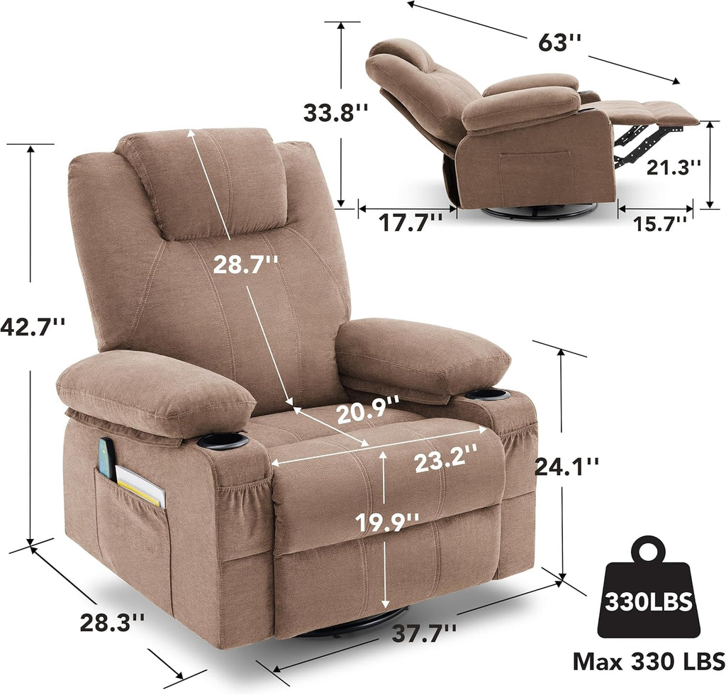 Oversized Swivel Rocker Recliner Chair with Heat and Massage, 360 Degree Swivel Rocking Single Sofa with Cup Holders and USB Port, Large Big Recliner Chair for Living Room (Leather, Brown) - image 6
