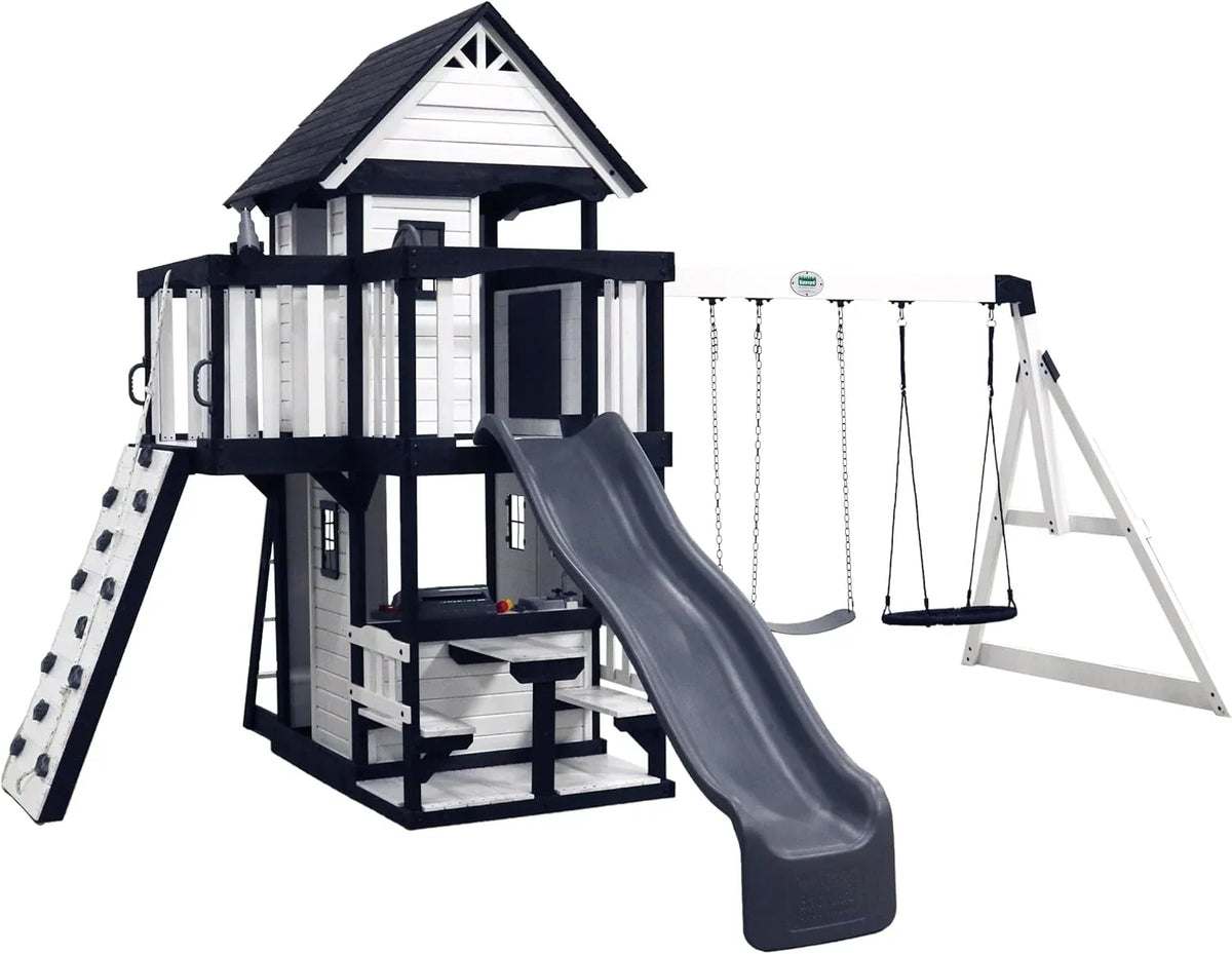 Backyard Discovery Canyon Creek Cedar Wood Swing Set with Wave Slide, Clubhouse, Play Kitchen, Picnic Area, Belt Swings, Web 