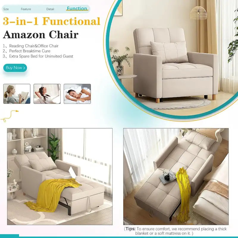 AECOJOY 3-in-1 Convertible Sleeper Sofa Chair with Pillow and Adjustable Backrest - image 7
