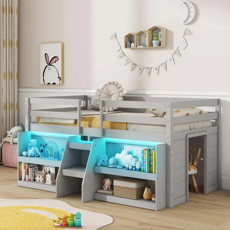 Kids Twin Size Loft Bed with LED Lights, Stairs & Safety Guardrail, Storage Bookcase and Under-bed Play Space - image 4