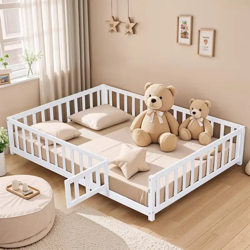 Kids' Full-Size Wooden Floor Bed with Fence and Door - image 3