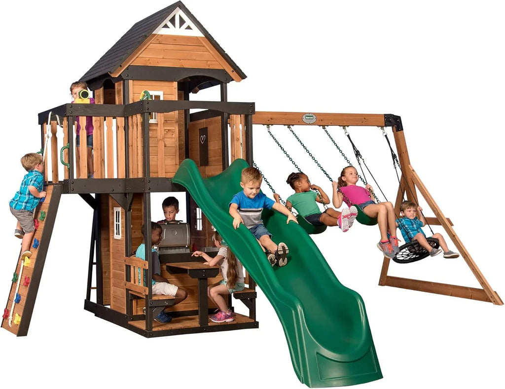 Backyard Discovery Canyon Creek Cedar Wood Swing Set with Wave Slide, Clubhouse, Play Kitchen, Picnic Area, Belt Swings, Web 