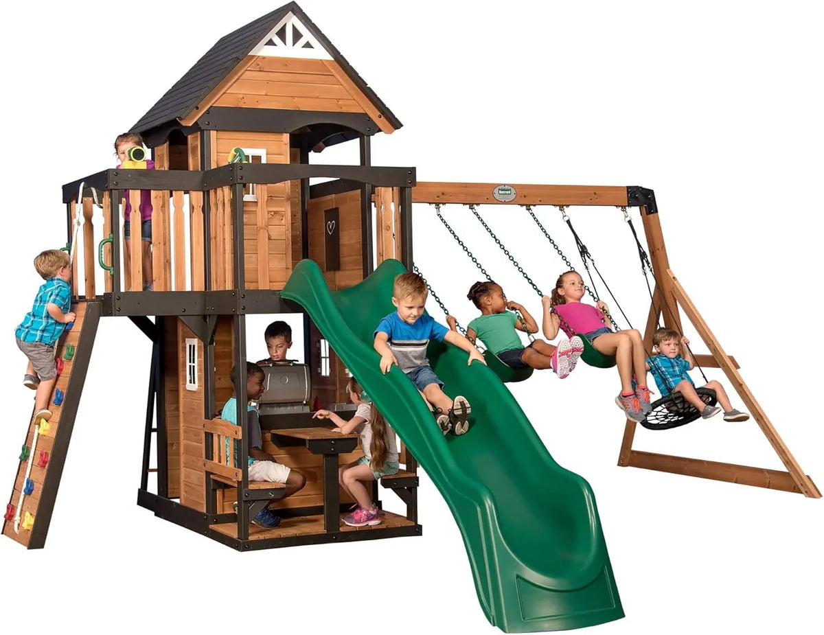 Backyard Discovery Canyon Creek Cedar Wood Swing Set with Wave Slide, Clubhouse, Play Kitchen, Picnic Area, Belt Swings, Web 