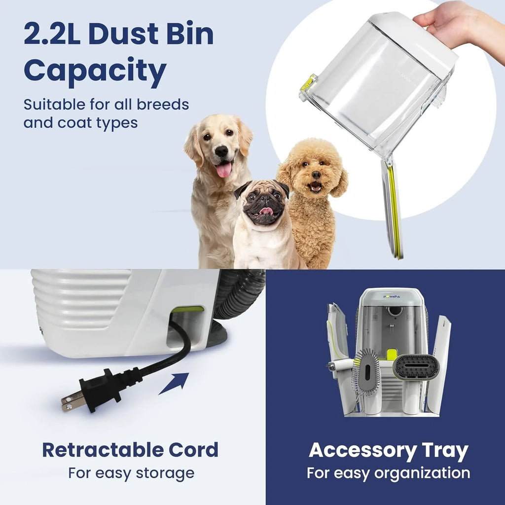 Professional Pet Grooming Vacuum Kit, Dogs & Cats, Direct Handheld Control, 7 Grooming Tools, 6 Suction Levels, Large 2.2L Du