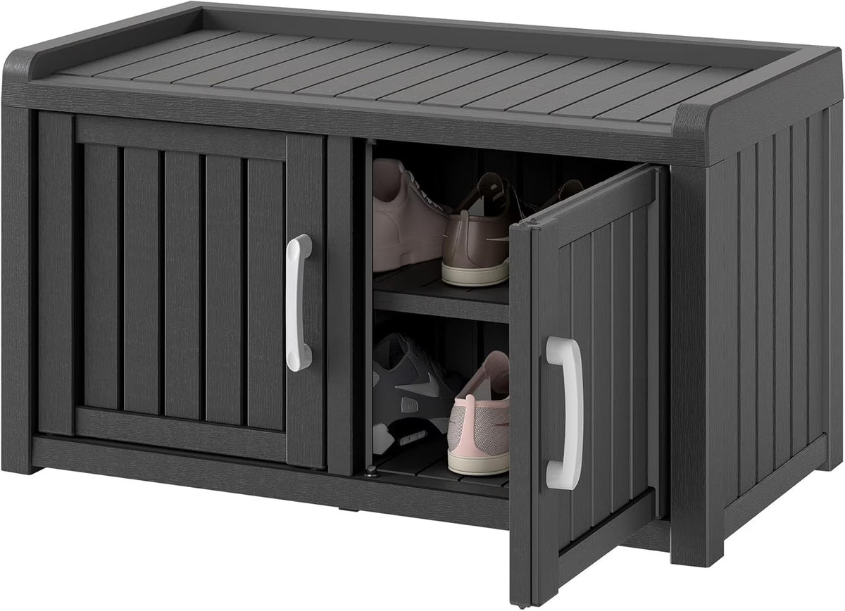KAMABOKO Outdoor Shoe Storage Cabinet, Waterproof UV-Resistant Entryway Storage Bench Indoor Outdoor with 2 Barn Doors, Adjus
