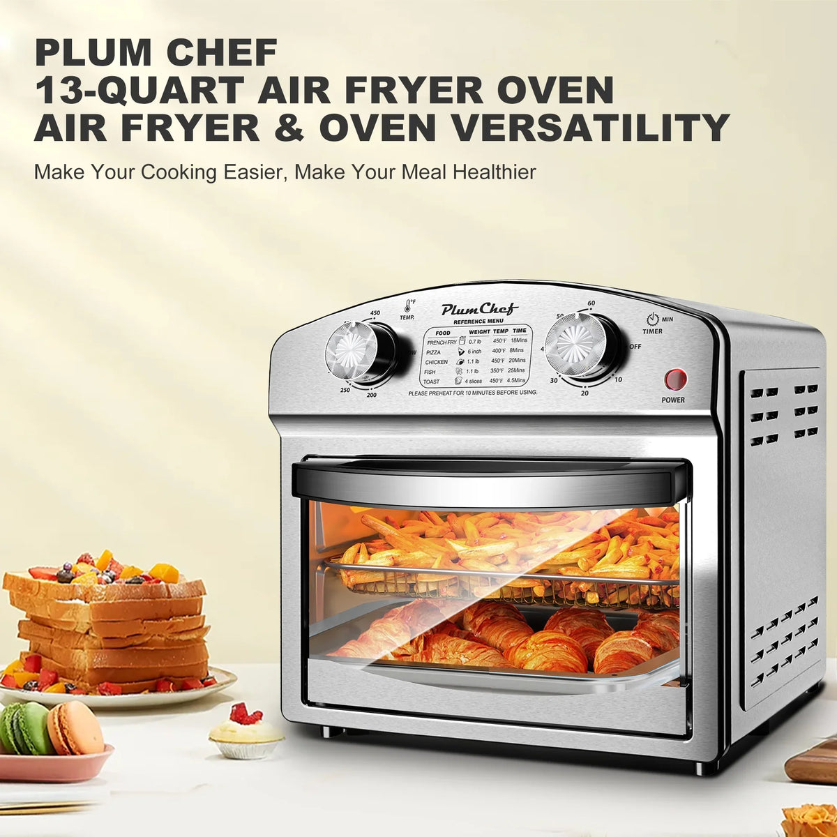 PlumChef 13 Quart 4 Slices Air Fryer Convection Toaster Oven, 1500W, 7 in 1 Multifunction with Roast, Bake, Grill, Broil, Toast, Dehydrate, Defrost - image 2