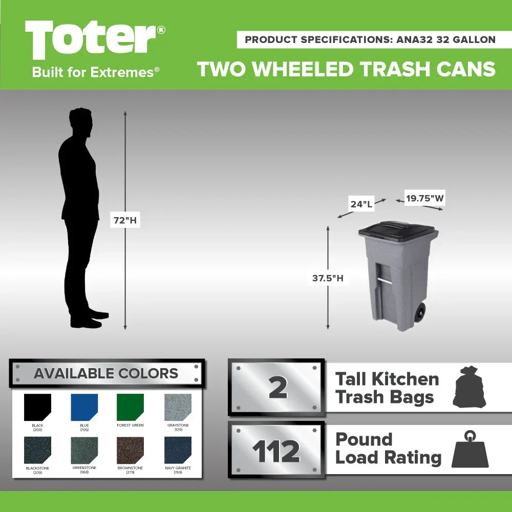 32 Gallon Trash Can, Greenstone, Quiet Wheels, Attached Lid, Durable Recycling Bin