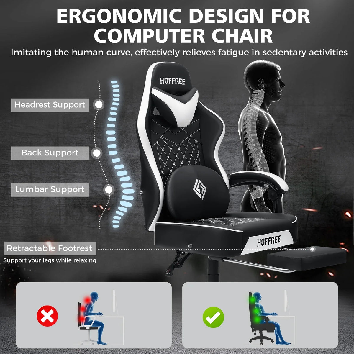 Hoffree Gaming Chair with Massage and Footrest Big and Tall Gamer Chair with Headrest and Lumbar Support PU Computer Game Chair for Adults Office - image 52