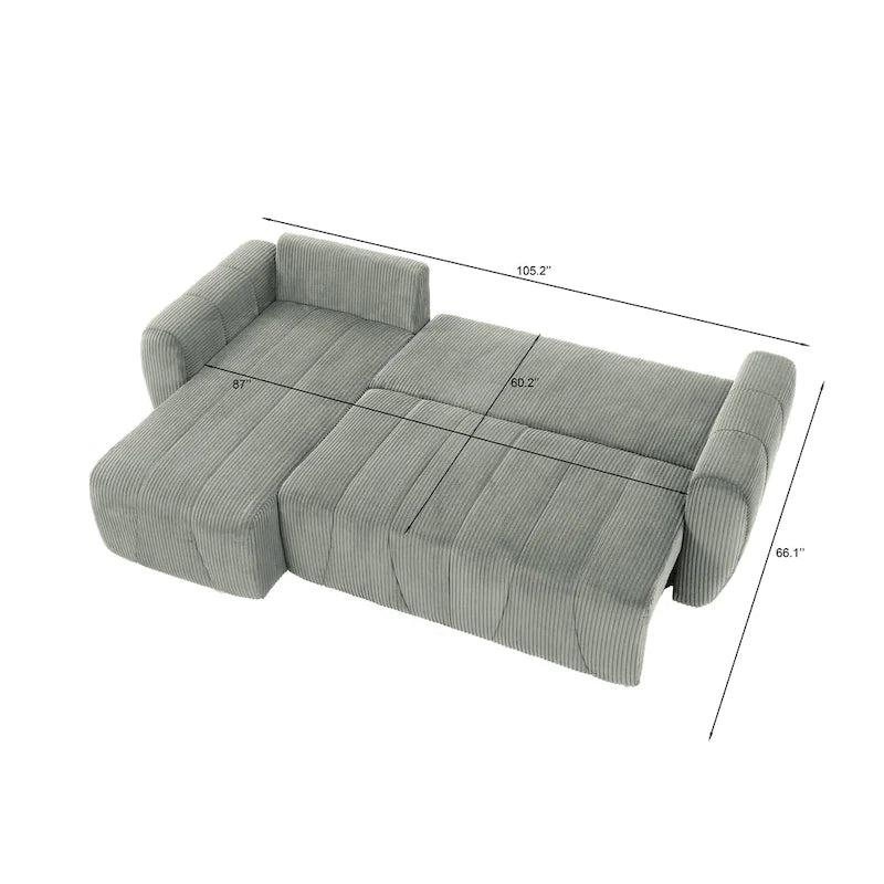 Grey 105.2" Corduroy L-Shaped Convertible Sleeper Sectional with Storage Compartment - image 13