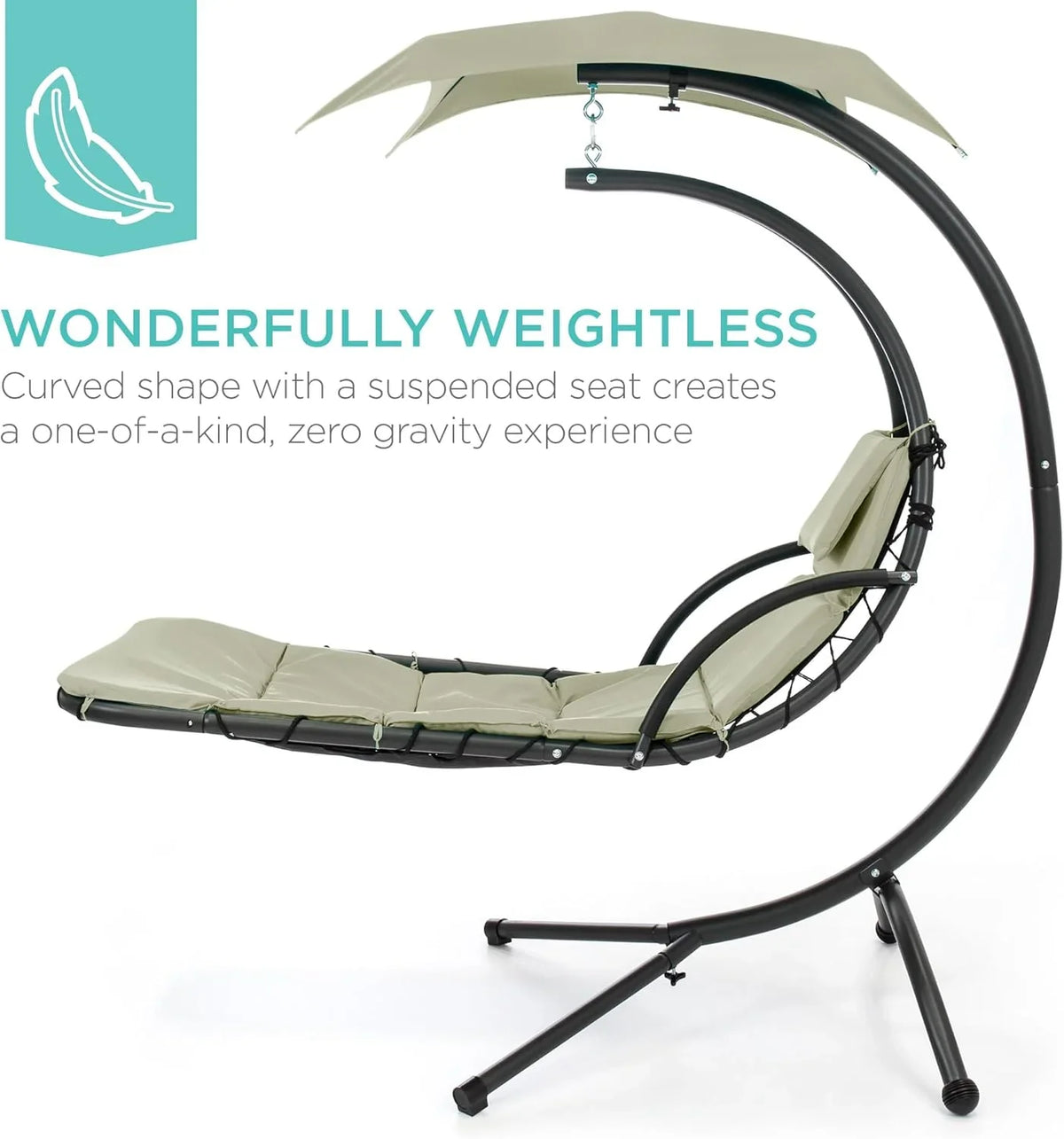 Best Choice Products Outdoor Hanging Curved Steel Chaise Lounge Chair Swing w/Built-in Pillow and Removable Canopy - Charcoal