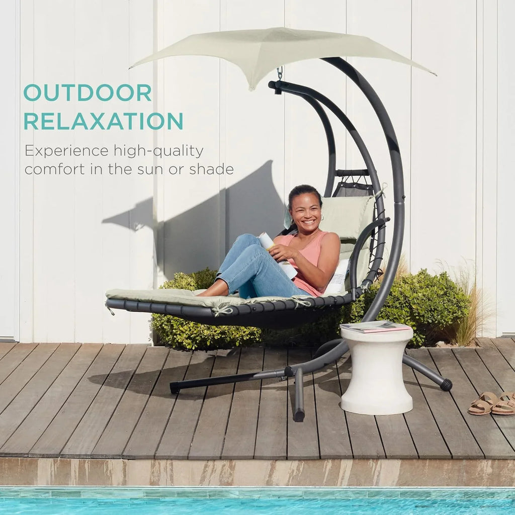 Best Choice Products Outdoor Hanging Curved Steel Chaise Lounge Chair Swing w/Built-in Pillow and Removable Canopy - Charcoal