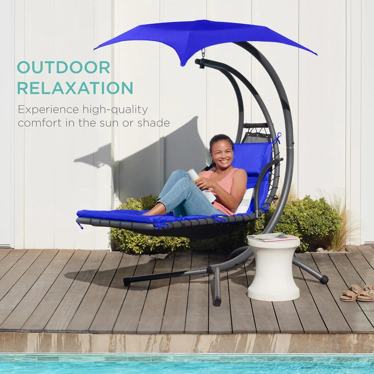 Best Choice Products Outdoor Hanging Curved Steel Chaise Lounge Chair Swing w/Built-in Pillow and Removable Canopy - Charcoal