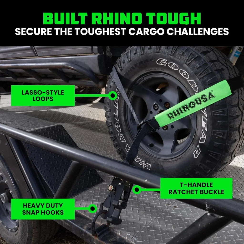 Car Tie Down Straps for Trailers with Flat Hooks (4-Pack) - 2 Inch x 8 Feet (10,000lb Break Strength) - Heavy Duty T-Handle Car Lasso Tire Straps for Trailer & UTV - Black - image 2