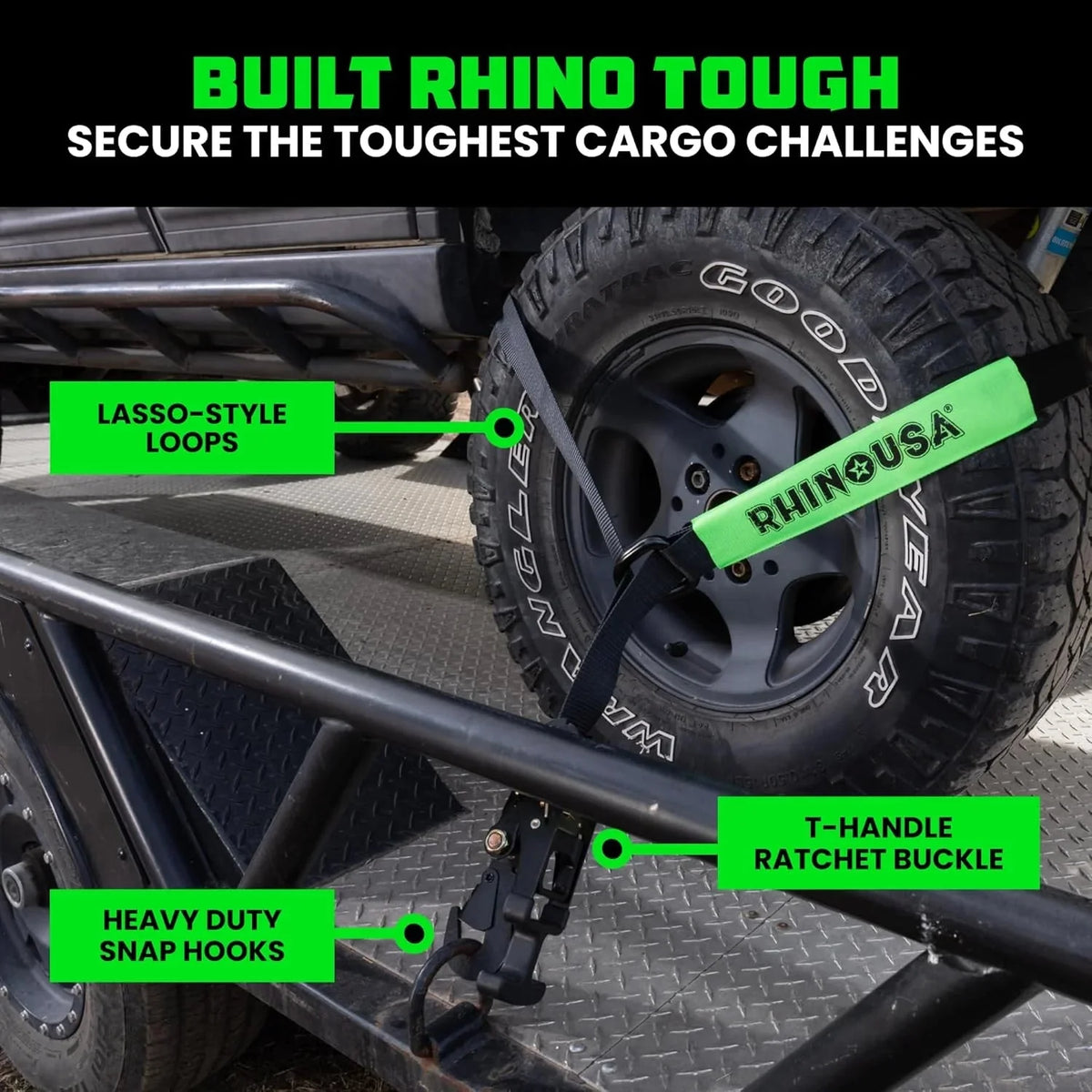 Car Tie Down Straps for Trailers with Flat Hooks (4-Pack) - 2 Inch x 8 Feet (10,000lb Break Strength) - Heavy Duty T-Handle Car Lasso Tire Straps for Trailer & UTV - Black - image 2