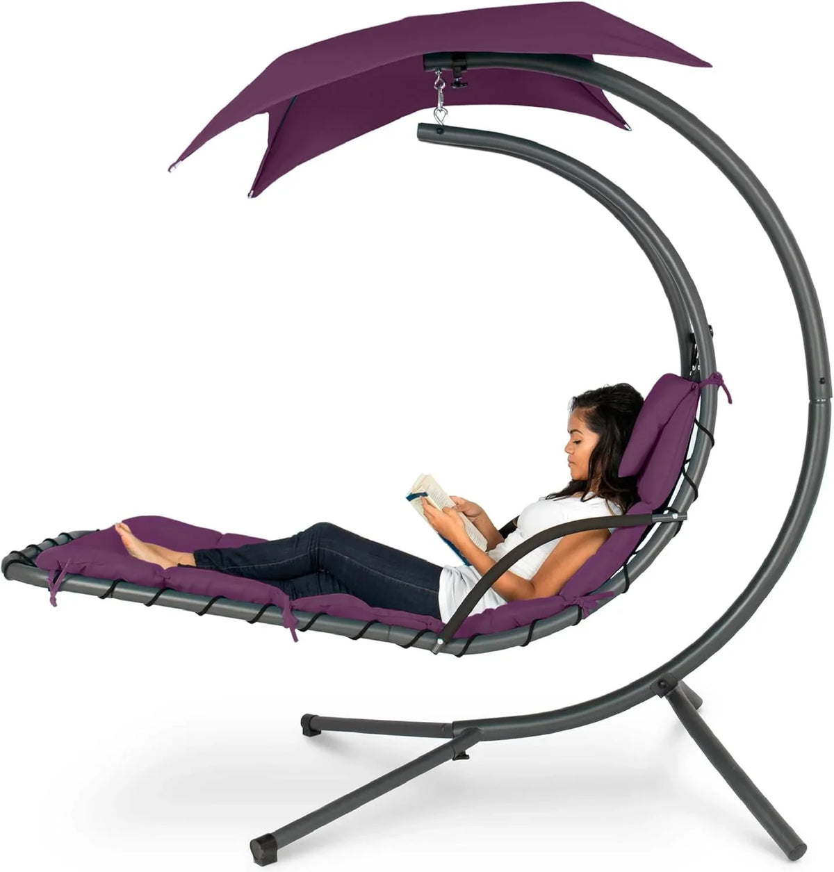 Best Choice Products Outdoor Hanging Curved Steel Chaise Lounge Chair Swing w/Built-in Pillow and Removable Canopy - Charcoal