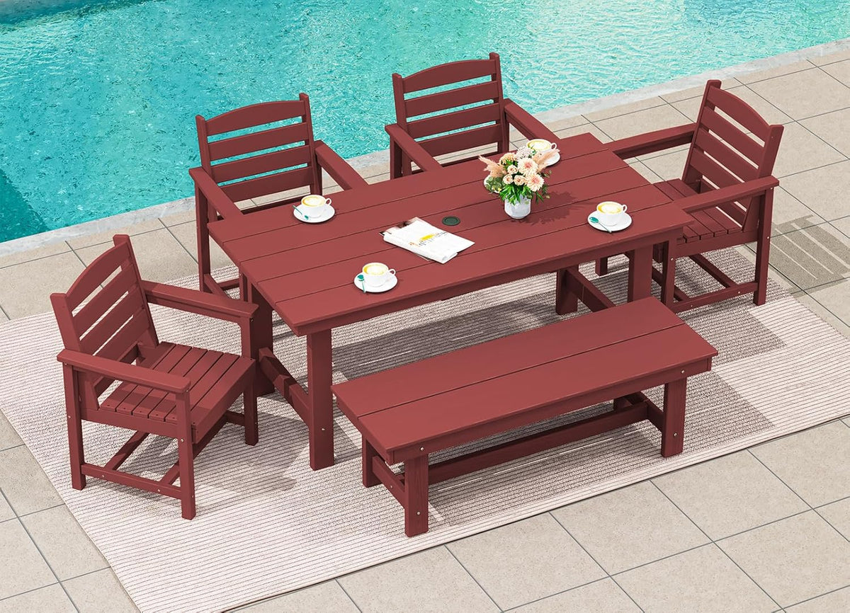 SERWALL 7-Piece Patio Table Set, Outdoor HDPE Dining Furniture with Umbrella Hole, All Weather Table and Chairs for Lawn, Garden, Poolside, Aruba - image 173
