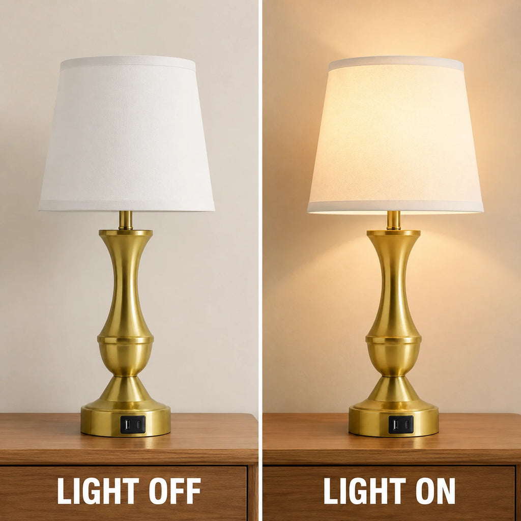 Set of 2 Gold Touch-Control Table Lamps with USB-C and USB-A Ports, White Linen Shades - image 6