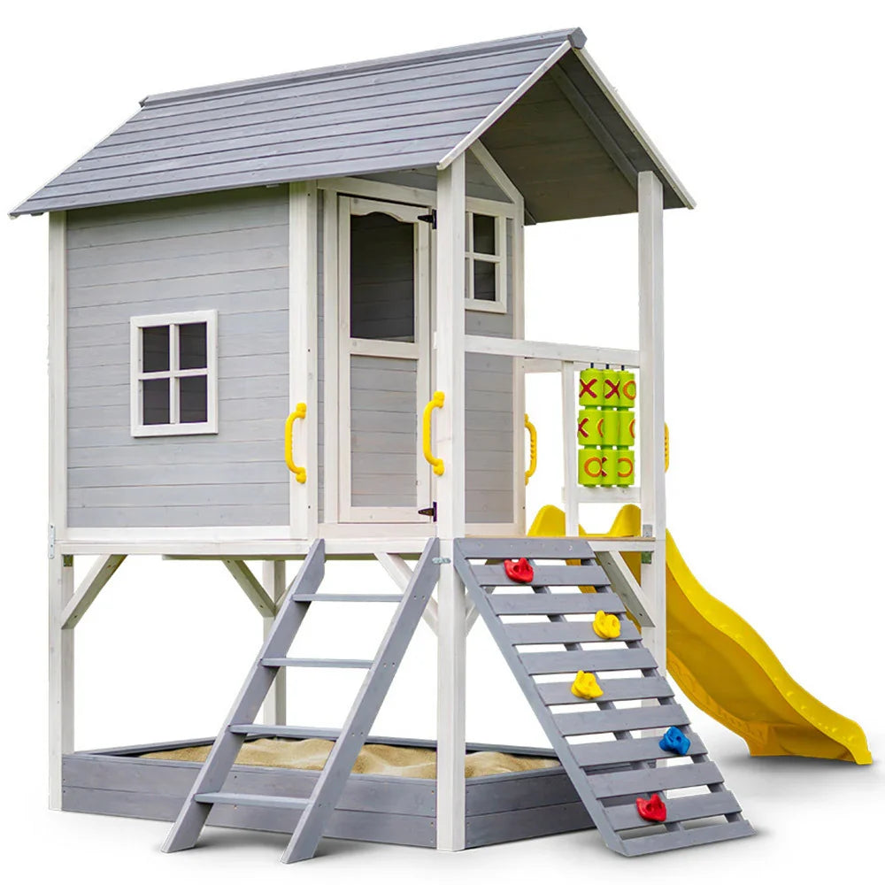 ROVO KIDS Wooden Tower Cubby House with Slide, Sandpit, Climbing Wall, Noughts & Crosses - image 1