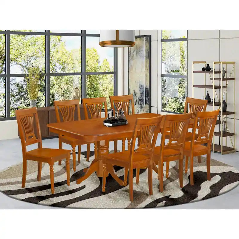 East West Furniture 9-Piece Saddle Brown Kitchen Dining Set - Rectangular Table with 8 Chairs (Various Seat Options) - image 9