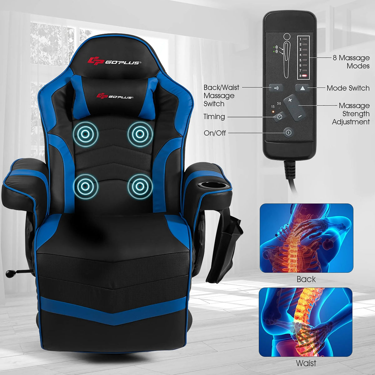 Massage Gaming Chair Racing Style Gaming Recliner Blue - image 8