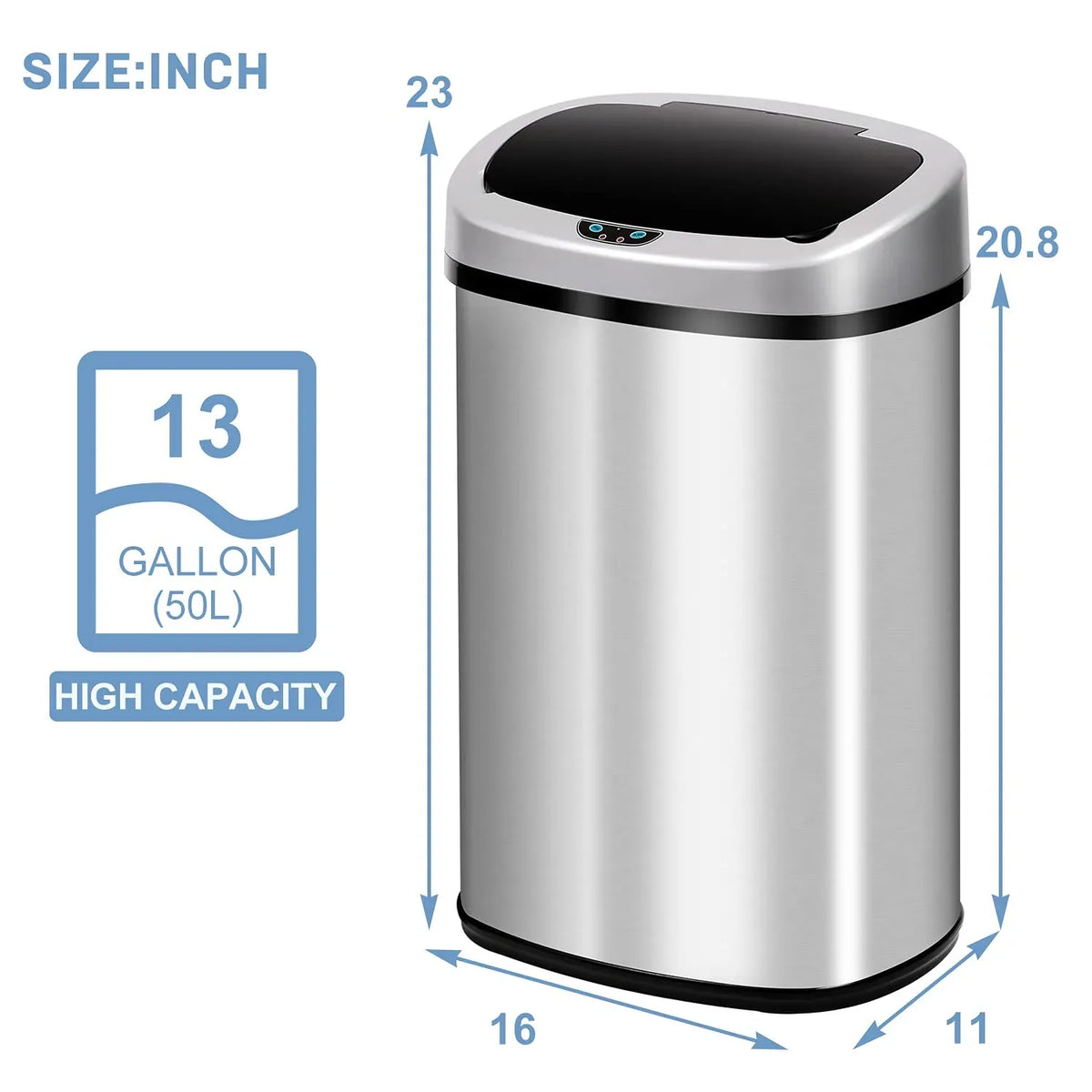 Bigacc 13 Gallon 50 Liter Kitchen Trash Can with Touch-Free & Motion Sensor, Automatic Stainless-Steel Garbage Can, Anti-Fing