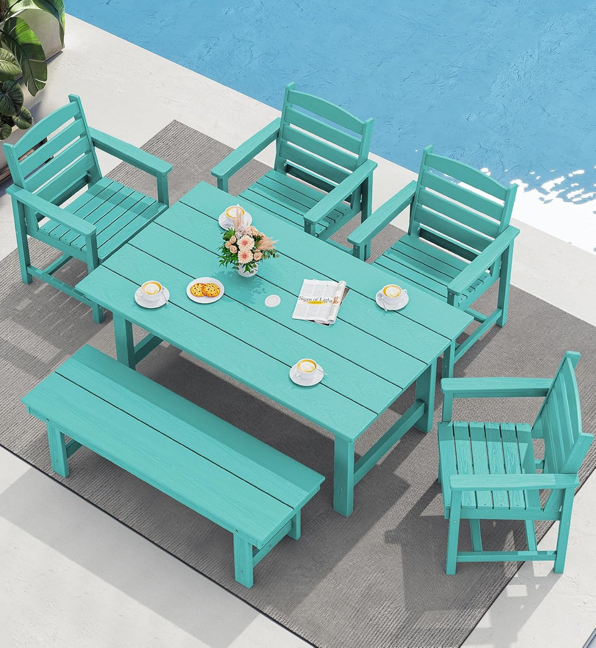 SERWALL 7-Piece Patio Table Set, Outdoor HDPE Dining Furniture with Umbrella Hole, All Weather Table and Chairs for Lawn, Garden, Poolside, Aruba - image 160