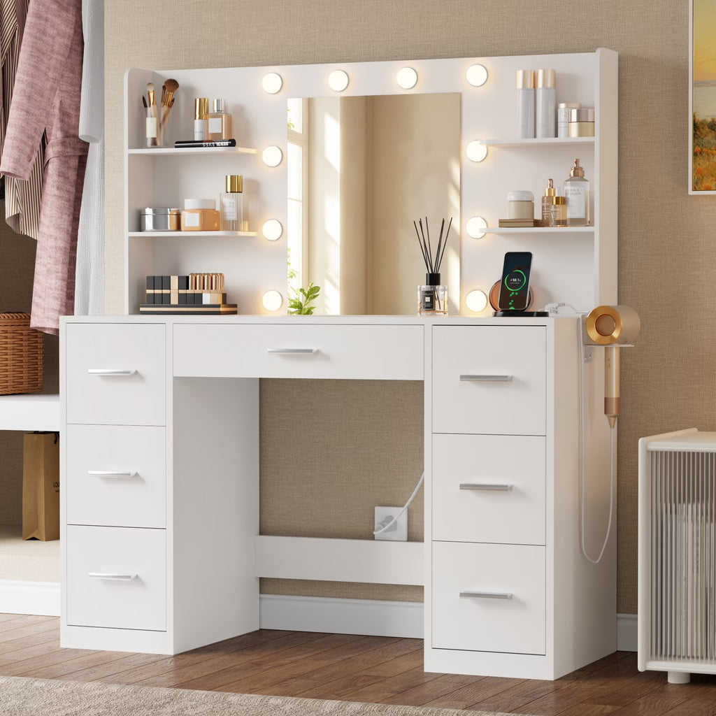 Lacoo Vanity Desk with Mirror and LED Lights, Makeup Vanity with 7 Drawers & 4 Shelves, Vanity Table with Power Outlet for Bedroom Dressing Room, White - image 1