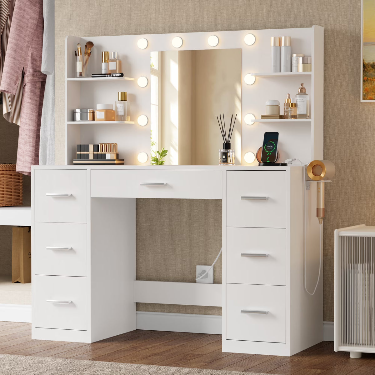 Lacoo Vanity Desk with Mirror and LED Lights, Makeup Vanity with 7 Drawers & 4 Shelves, Vanity Table with Power Outlet for Bedroom Dressing Room, White - image 1