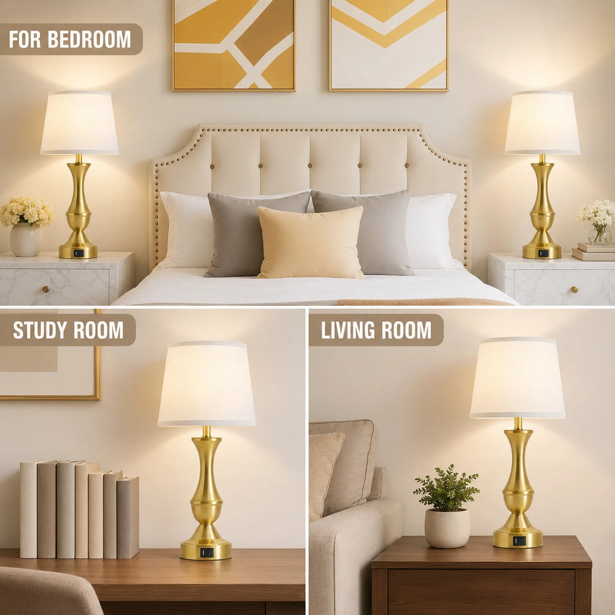 Set of 2 Gold Touch-Control Table Lamps with USB-C and USB-A Ports, White Linen Shades - image 3