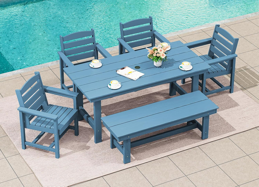 SERWALL 7-Piece Patio Table Set, Outdoor HDPE Dining Furniture with Umbrella Hole, All Weather Table and Chairs for Lawn, Garden, Poolside, Aruba - image 102
