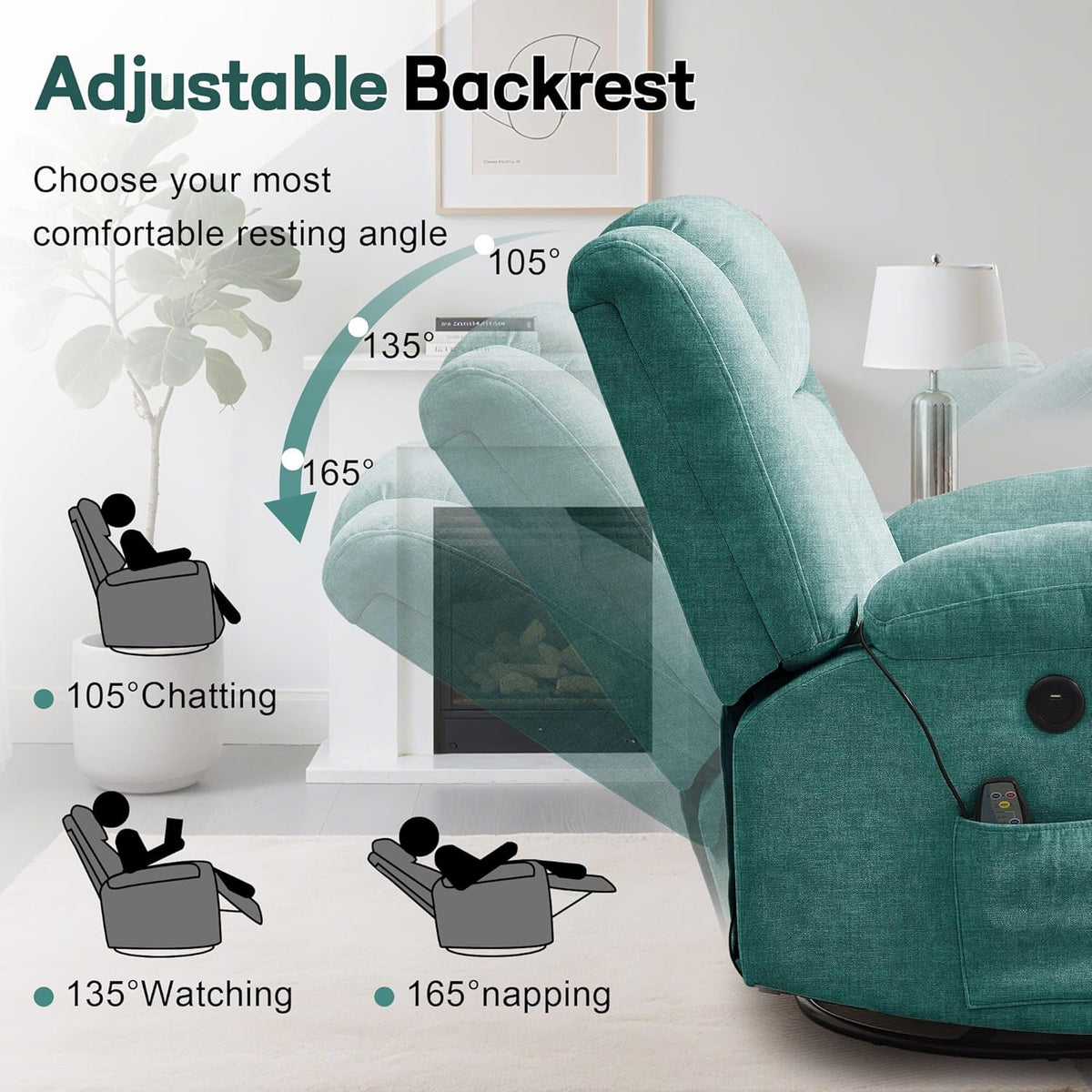 Rocker Recliner, Glider Recliner Chairs for Adults, 360° Swivel Rocking Chair with Massage and Heating, Nursery Chair with Storage and USB Charging for Living Room, Bedroom, Nursery - image 28