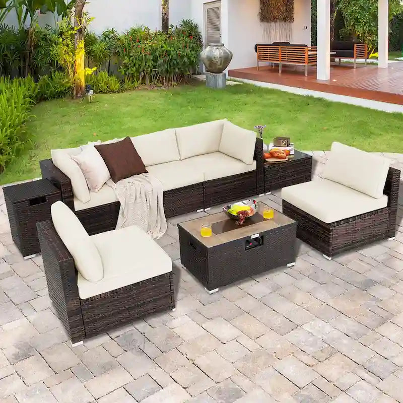 8PCS Patio Rattan Furniture Set Fire Pit Table Tank Holder Cover Deck - image 1