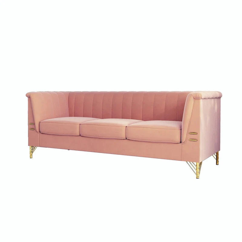 Contemporary Velvet Upholstered 3-Seat Sofa with Golden Metal Legs - Pink Living Room Couch (83.46" x 30.51" x 31.9") - image 10