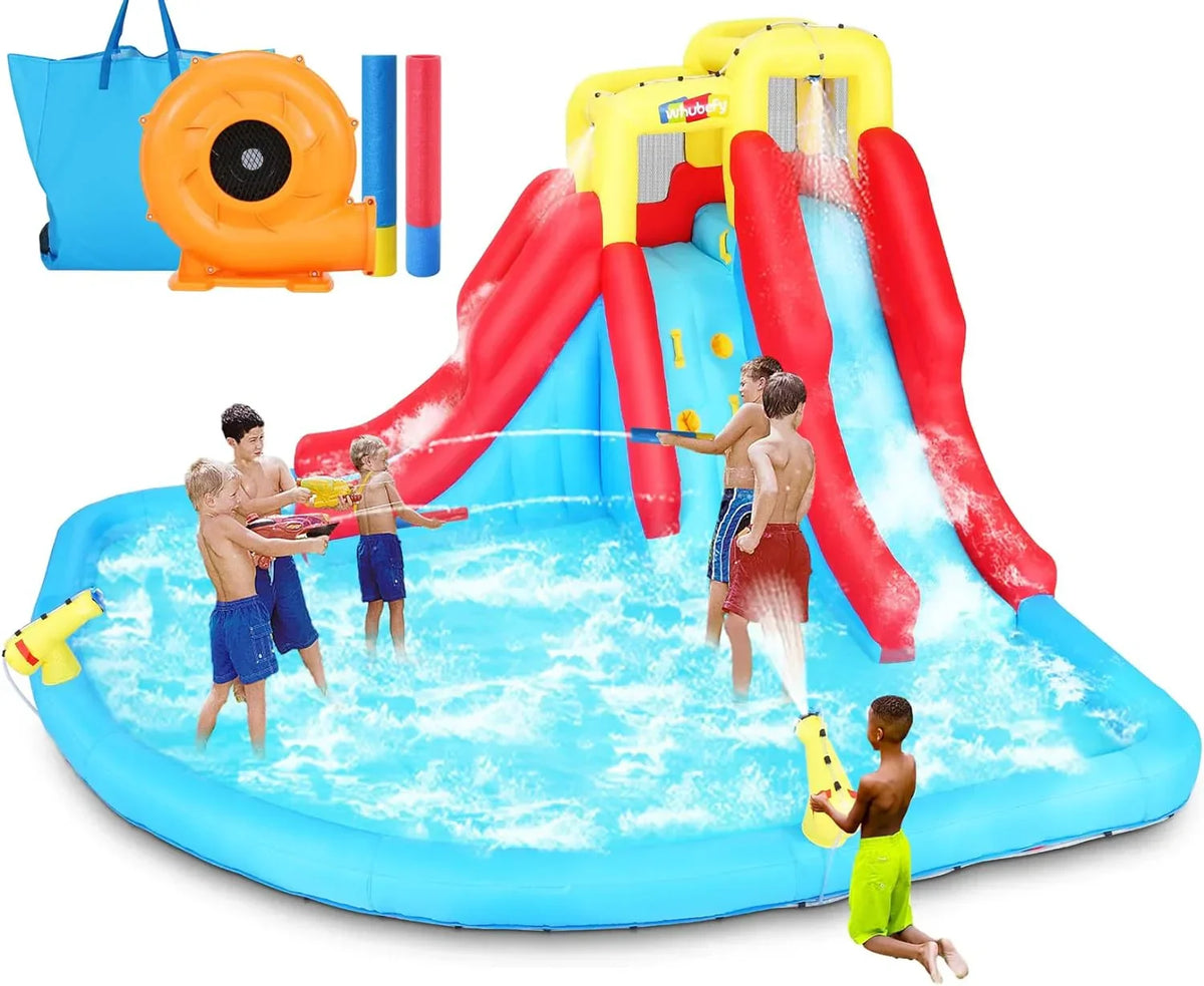 Inflatable Water Slides for Kids 8-in-1 Bounce House Water Park with 450W Blower Climbing Wall, Splash Pool, 2 Water Cannons,