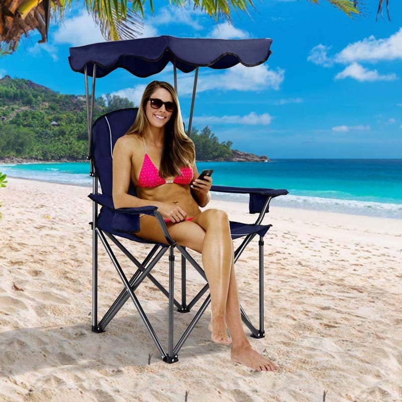 Outdoor Canopy Chair Portable Folding Beach Chair With 2 Cup Holders 600D Pvc Fabric Camping Chair Lawn Chair - Comfortable A