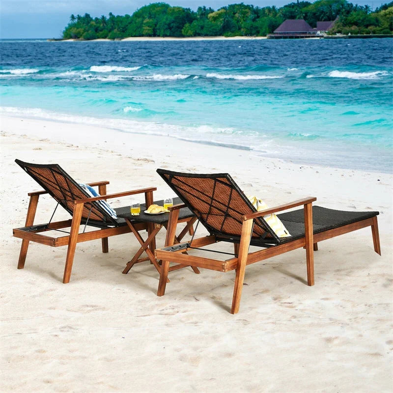 Acacia Wood Amp Rattan Patio Beach Outdoor Chaise Lounge Chairs Pool Sun Lounger Set With Folding Side Table - High Quality S