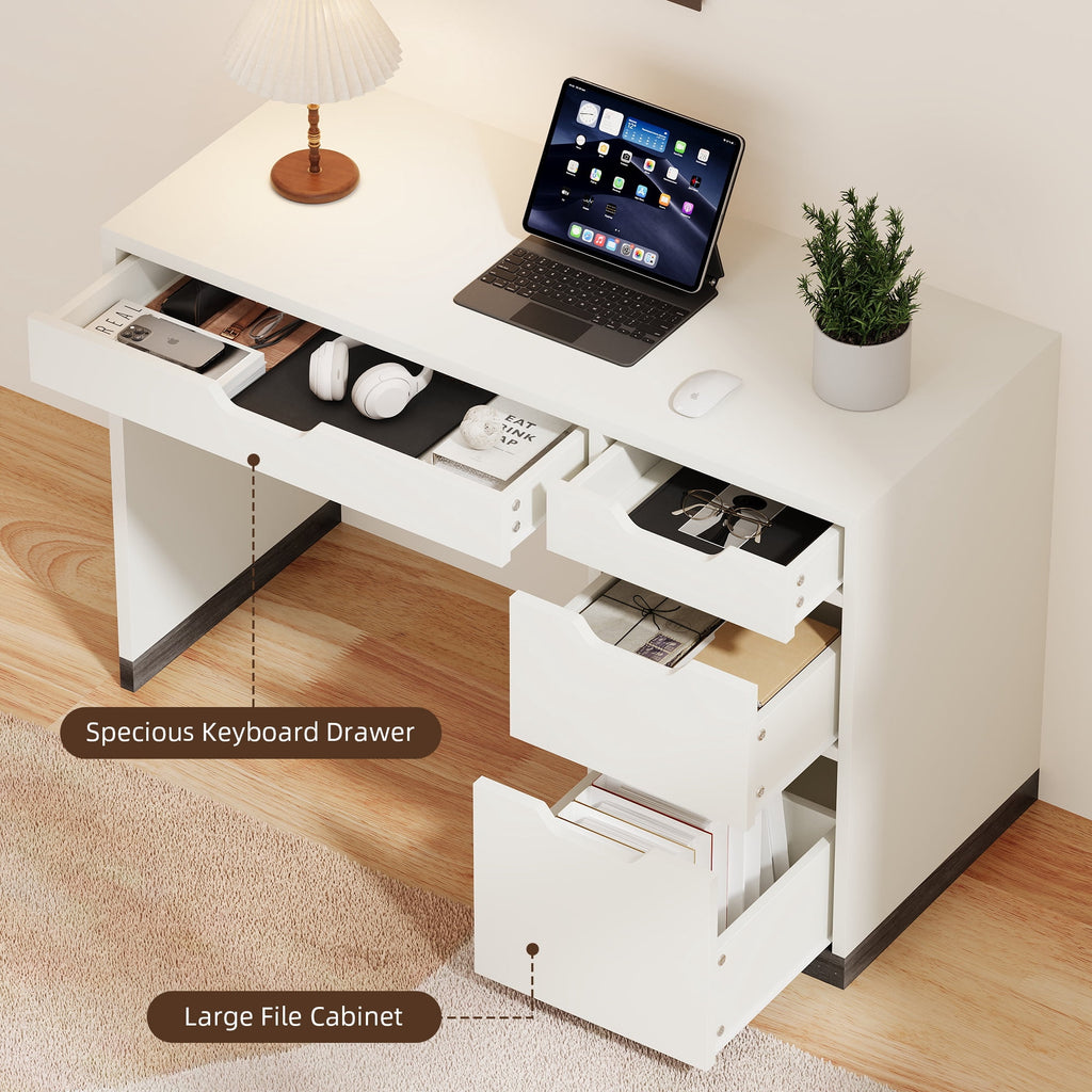 DreamCurship White Desk with Drawers, Modern Computer Desk with File Drawers, Home Office Study Writing Desk with Storage, White