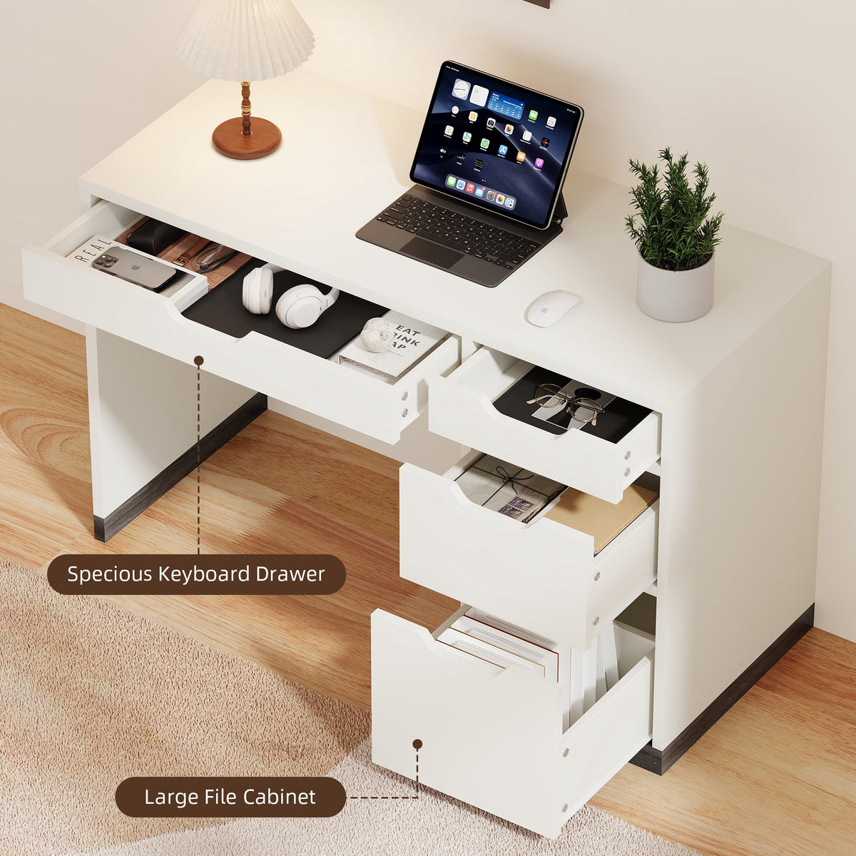 DreamCurship White Desk with Drawers, Modern Computer Desk with File Drawers, Home Office Study Writing Desk with Storage, White