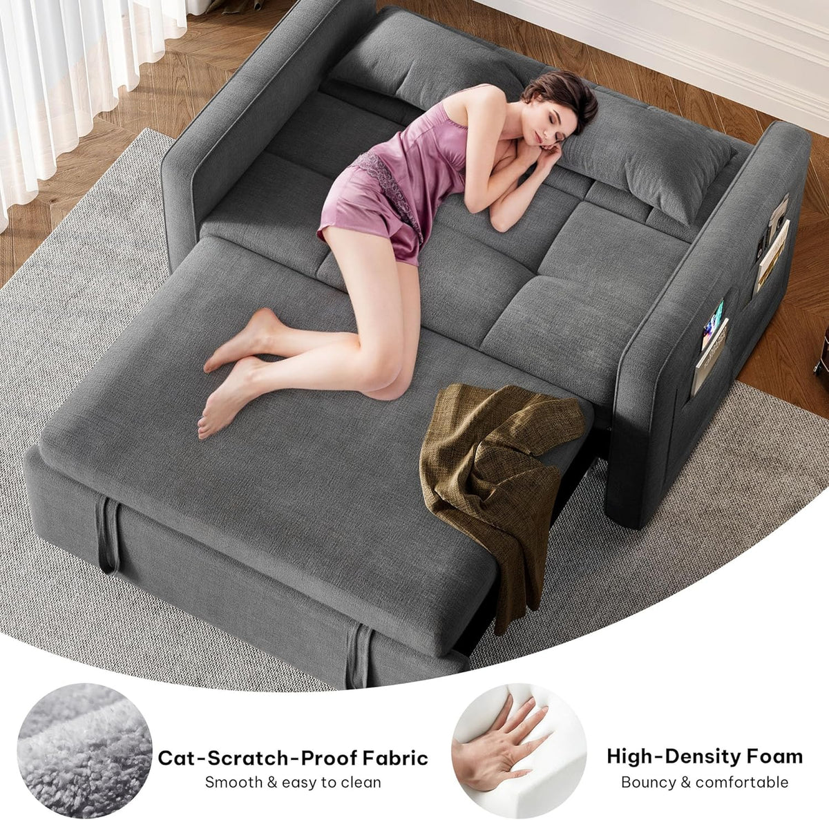 DWVO 3-in-1 Convertible Sofa Bed, 55" Sleeper Sofa with Pull-Out Bed, Cat-Scratch-Proof Fabric Futon Couch with Adjustable Backrest and Side Pocket, Loveseat for Living Room Apartment, Grey - image 31