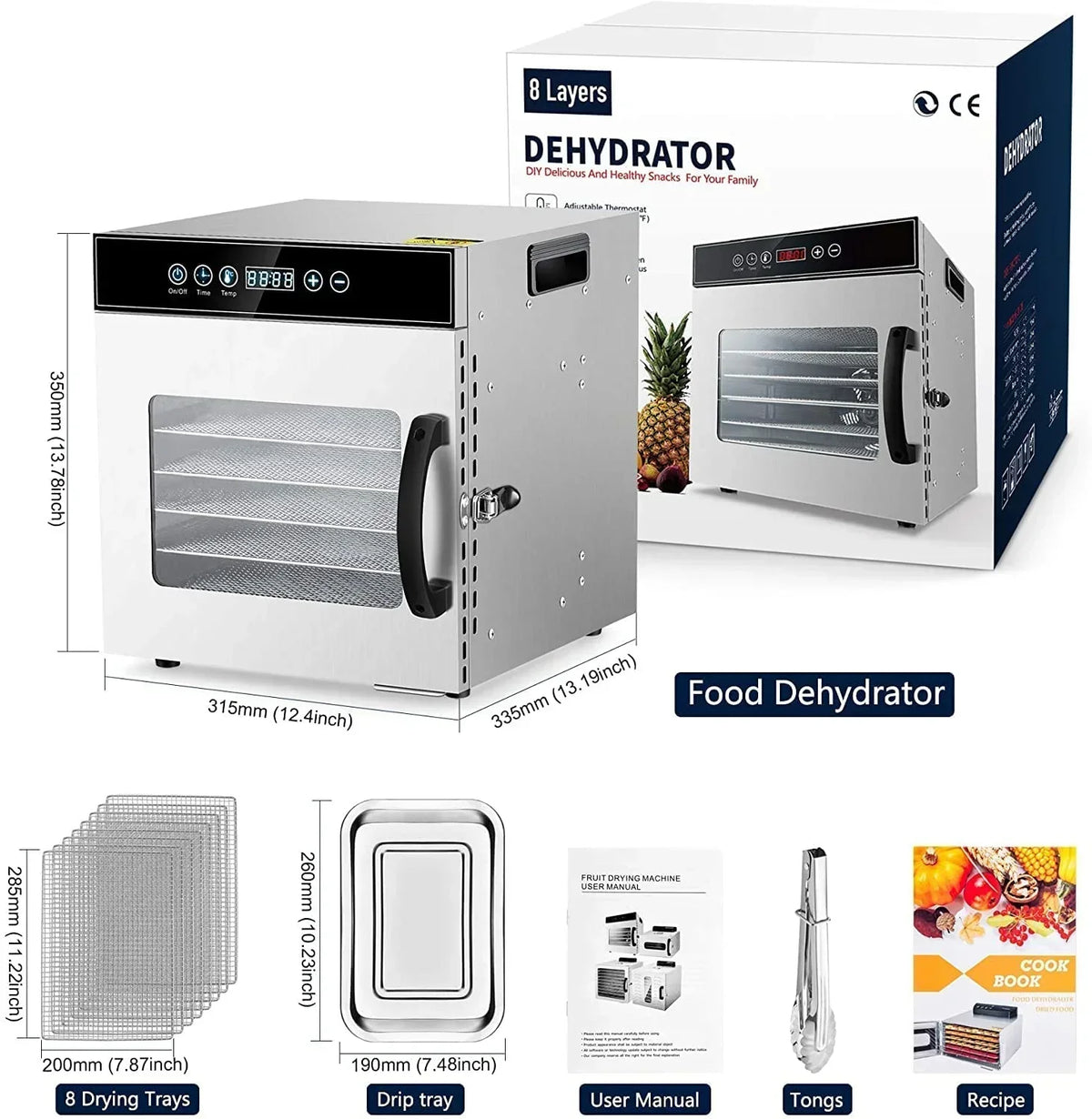 Tray Food Dehydrator, Steel Fruit Dry Machine with 30 90∼C Adjustable Thermostat, 24hr Digital Timer