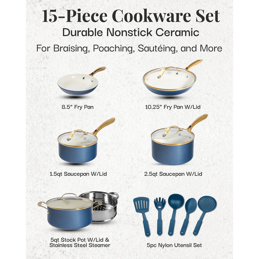 Gotham Steel 15 Pc Ceramic Cookware Set Nonstick, Ceramic Pots and Pans Set Non Stick with Steamer & Cooking Utensils, Non Toxic, Premium Stay Cool Handles, Oven & Dishwasher Safe, Blue - image 2