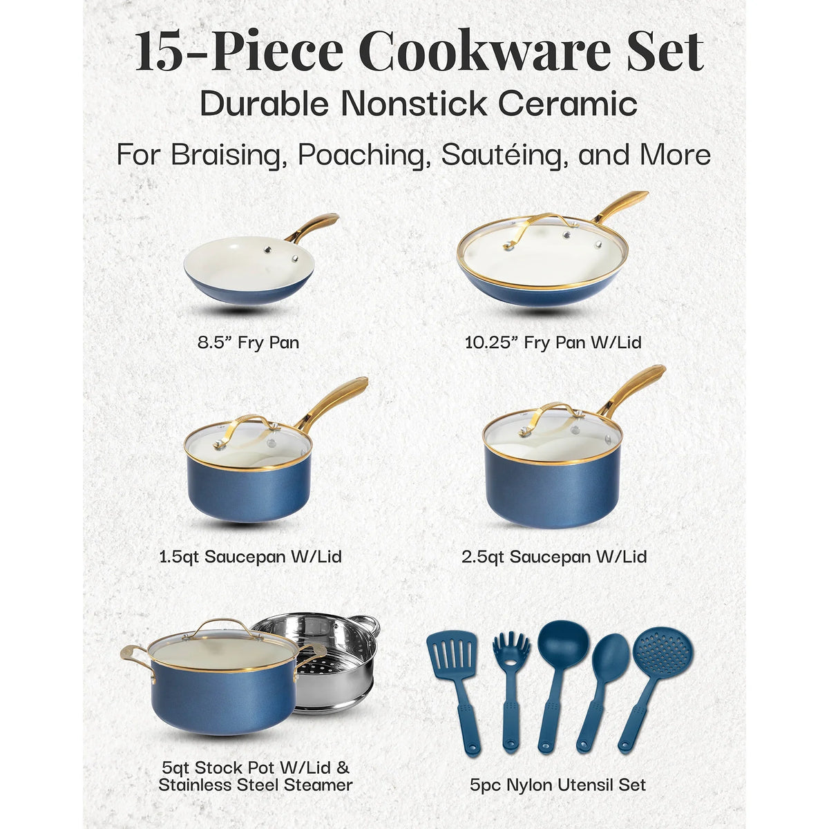 Gotham Steel 15 Pc Ceramic Cookware Set Nonstick, Ceramic Pots and Pans Set Non Stick with Steamer & Cooking Utensils, Non Toxic, Premium Stay Cool Handles, Oven & Dishwasher Safe, Blue - image 2