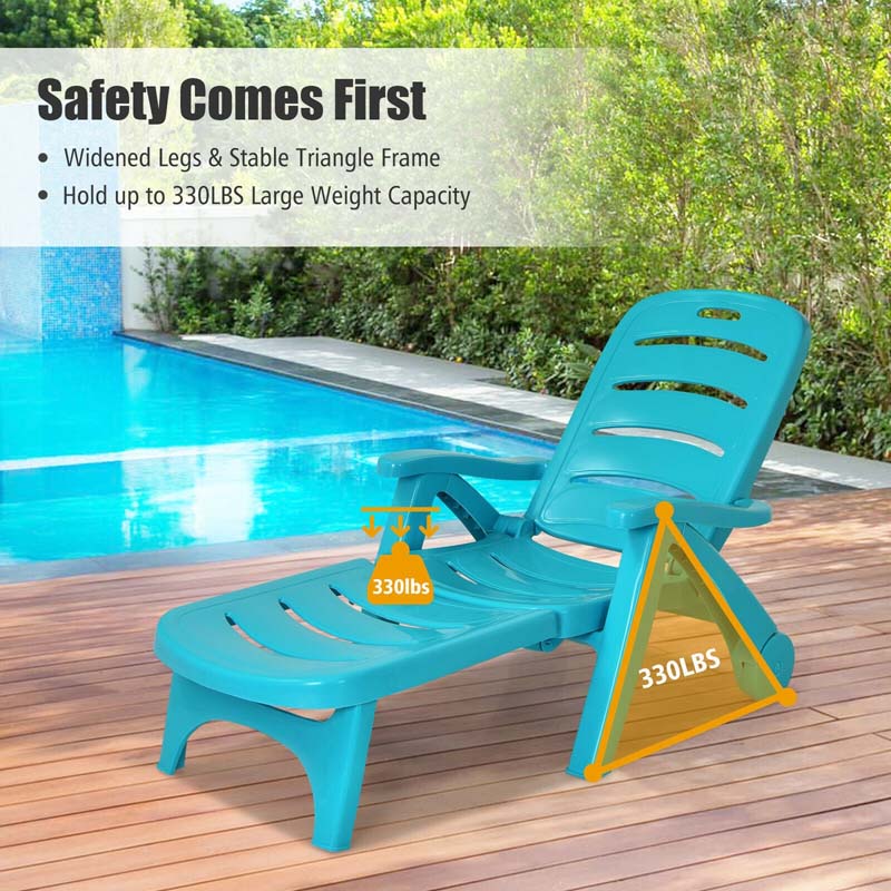 Rolling Folding Plastic Pool Lounge Chair With Armrests 5 Position Outdoor Sun Lounger Patio Deck Chair Beach Chair - Comfort