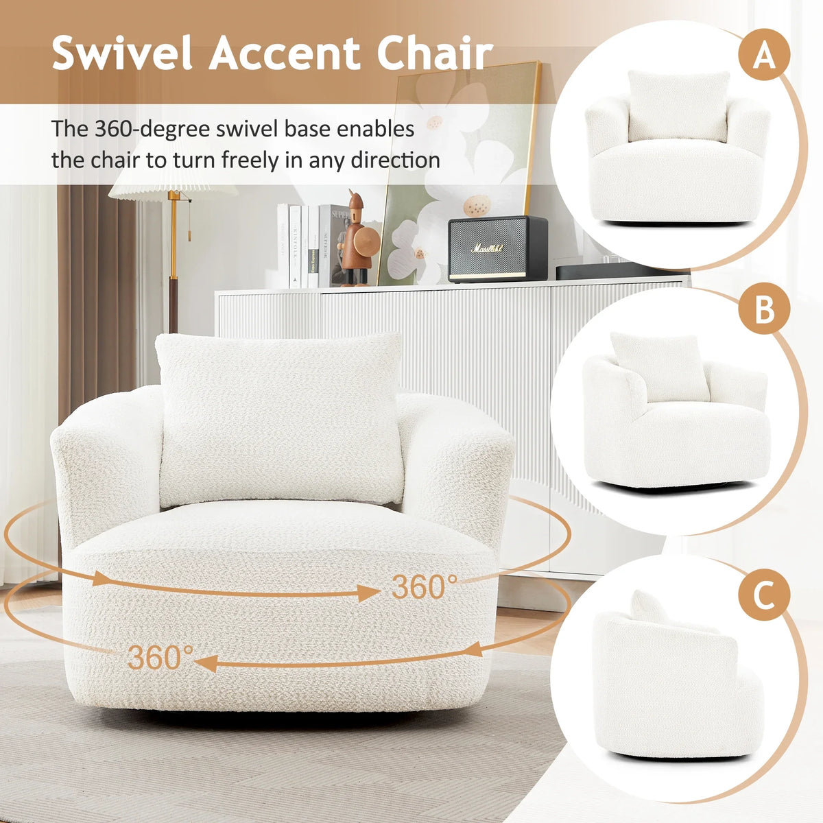 Harper & Bright Designs 360- Swivel Accent Chair, Barrel Chair Swivel Upholstered Sofa Chair with Cushion for Living Room Office, Beige - image 6
